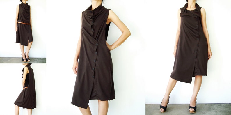 NO.67 Women's Front Effect Long Vest, Sleeveless Asymmetric Cardigan, Casual Long Top with Pockets in Brown image 5