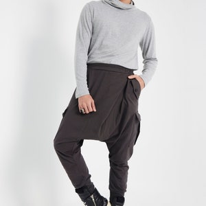 NEWNO.315 Mens Cross Front Drop Crotch Pants, Button Flap Pants, Harem Trouser with Pockets, Unisex Urban Joggers in Charcoal image 8