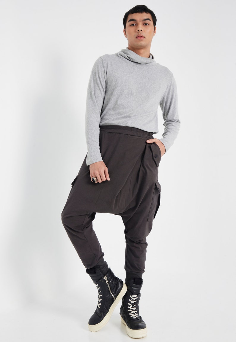 NEWNO.315 Mens Cross Front Drop Crotch Pants, Button Flap Pants, Harem Trouser with Pockets, Unisex Urban Joggers in Charcoal image 8