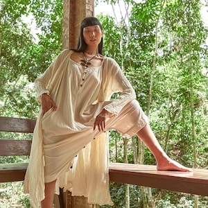 NO.251 Long Sleeve Wrap Dress, Casual Summer Dress, Natural Fiber Flexible Cotton Long Cardigan in Cream image 9