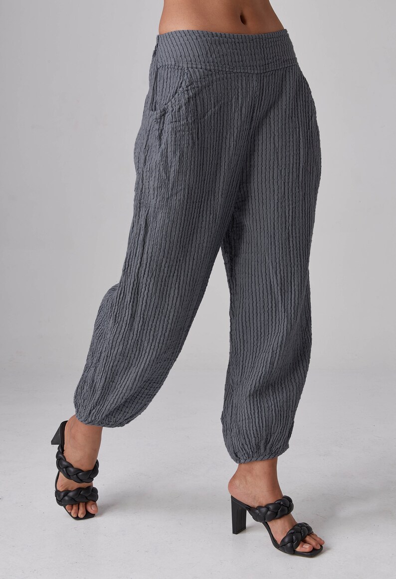 NO.266 Women's Striped Ankle Pants, Casual Cotton Relaxed Pants in Bluish Gray image 5