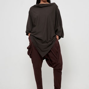 NO.63 Women's Cowl Neck Short Sleeve Top, Minimalist Clothing, Loose Asymmetrical Shirt in Charcoal image 2