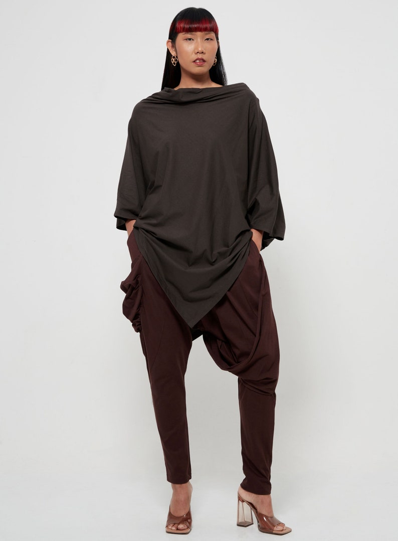 NO.63 Women's Cowl Neck Short Sleeve Top, Minimalist Clothing, Loose Asymmetrical Shirt in Charcoal image 2