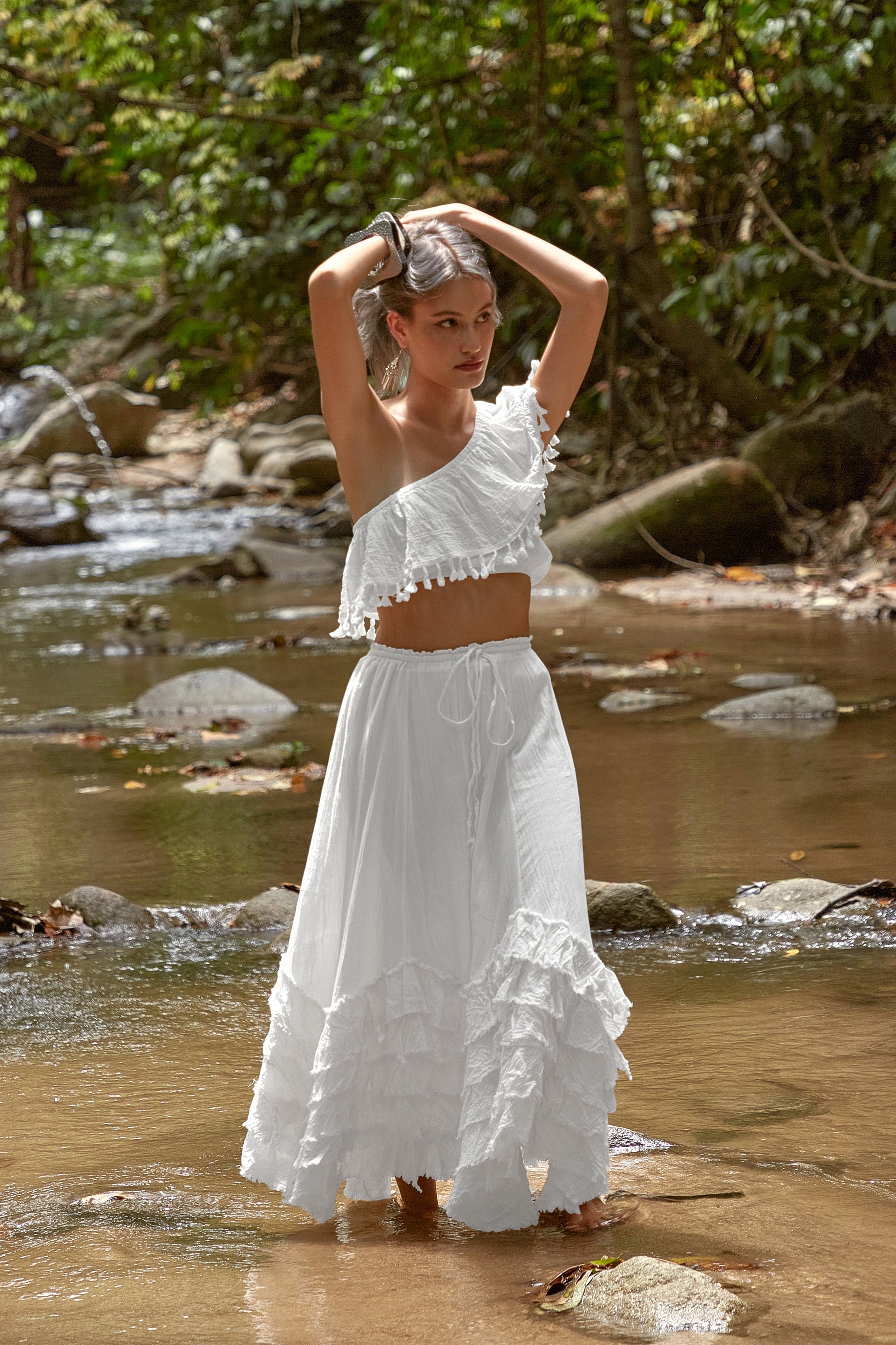 NO.304 Women's Asymmetrical Ruffle Hem Skirt, Cotton A-line