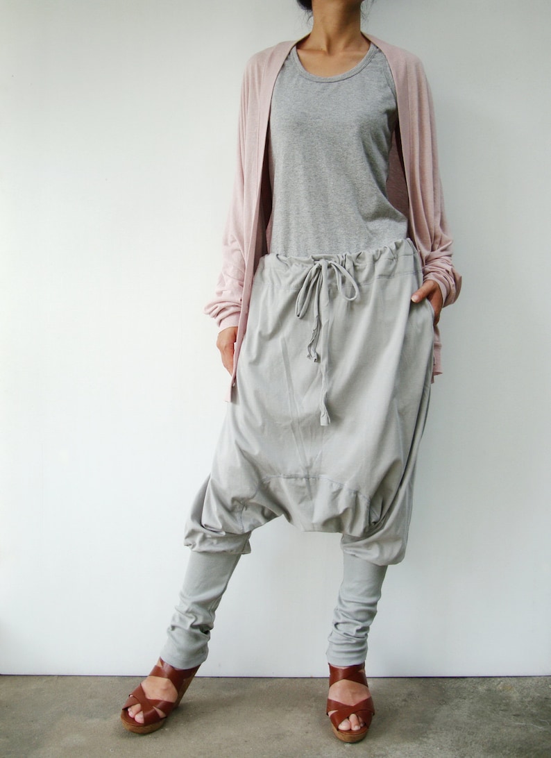 NO.58 Women's Drawstring Waist Low Crotch Harem Pants, Loose Harem Trousers, Unisex Pants in Gray image 2