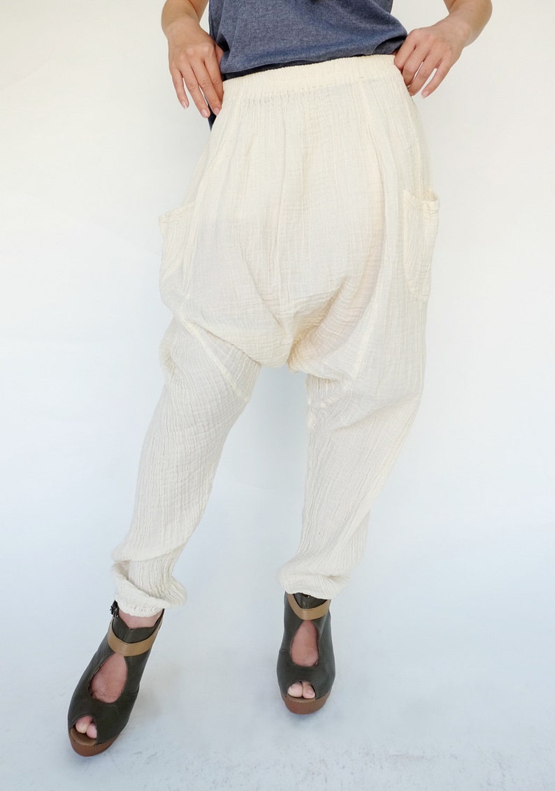 NO.162 Cream Double Cotton Gauze Harem Pants Women Dropped Etsy
