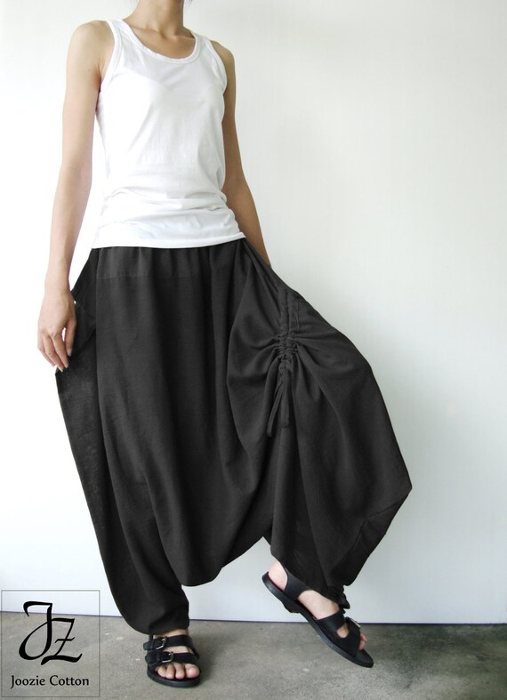 NO.26 Black Cotton Asymmetric Harem Pants Women Low Crotch Etsy