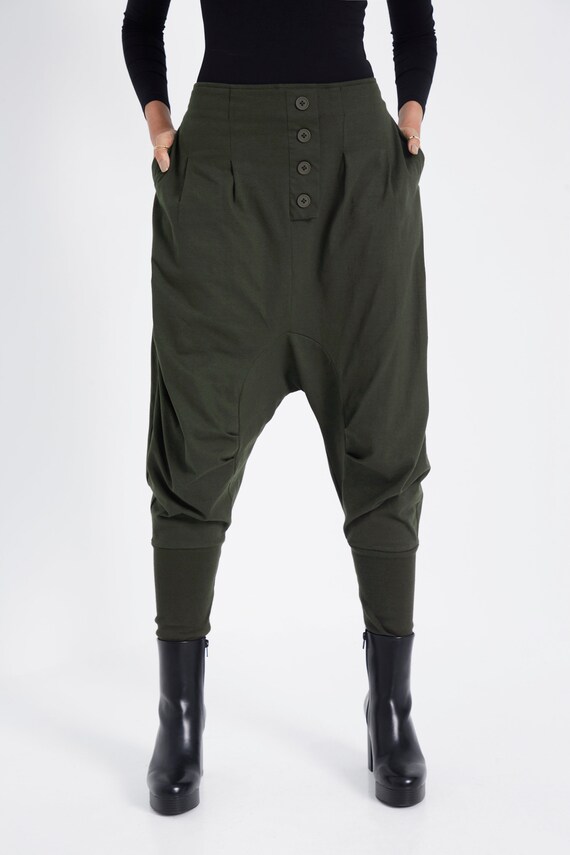 NO.64 Women's Button Front Detail Drop Crotch Harem Pants, Low