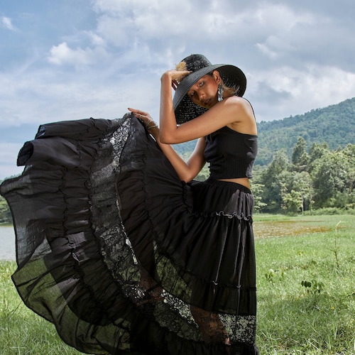 NEW---NO.317 Women's Tiered Lace Insert Maxi Skirt, Boho Peasant