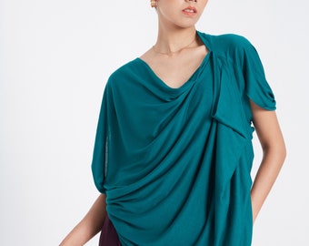 NO.60 Women's Origami Asymmetrical Top, Loose Summer Tshirt, Comfy Casual Convertible Top in Teal
