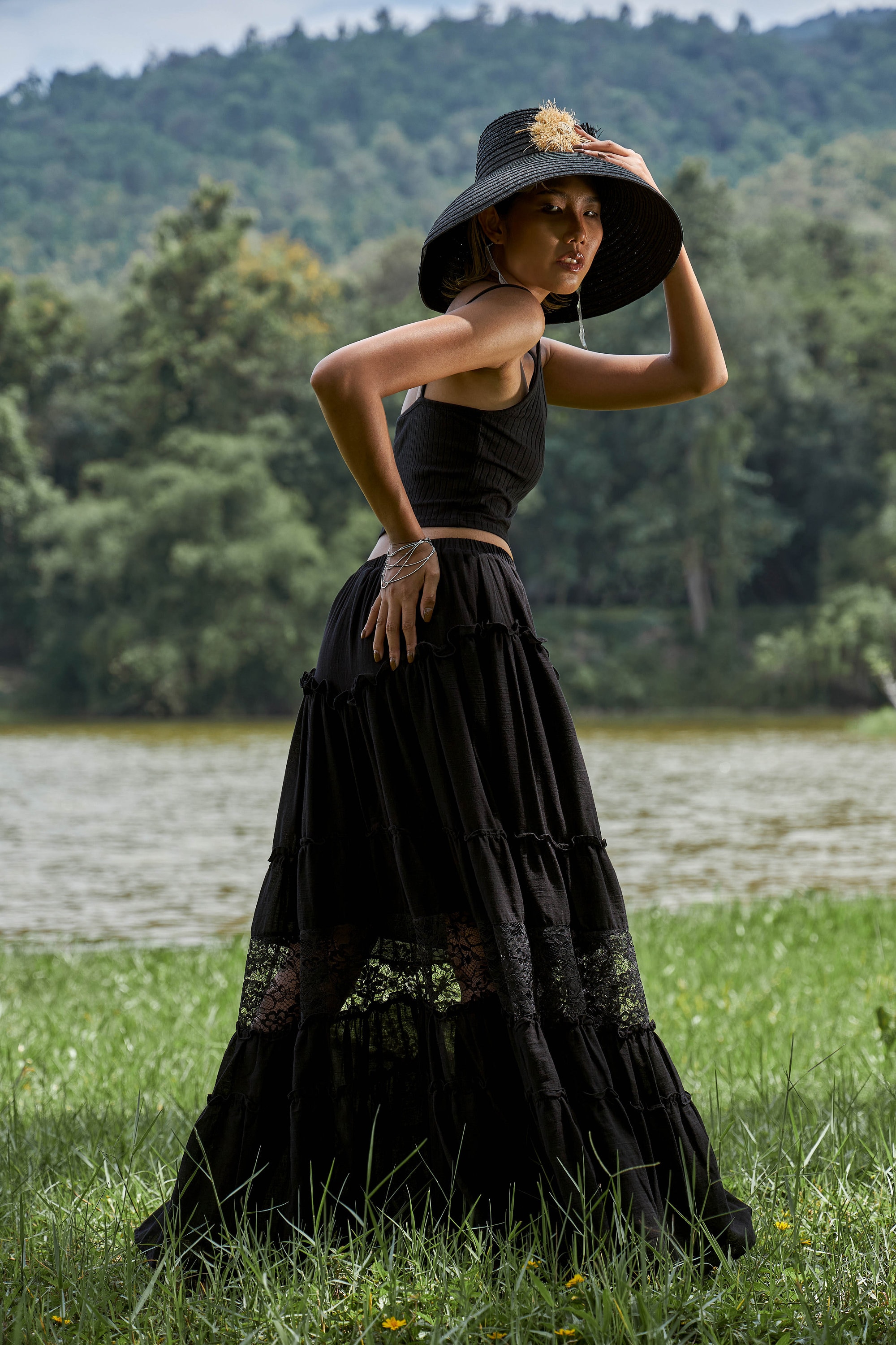 NEW---NO.317 Women's Tiered Lace Insert Maxi Skirt, Boho Peasant
