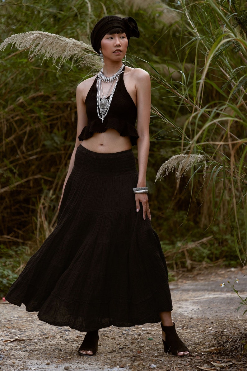 NO.305 Women's Smocked Waist Maxi Skirt, Tiered Peasant Maxi Skirt, Natural Fiber Flexible Cotton Boho Skirt in Black image 1