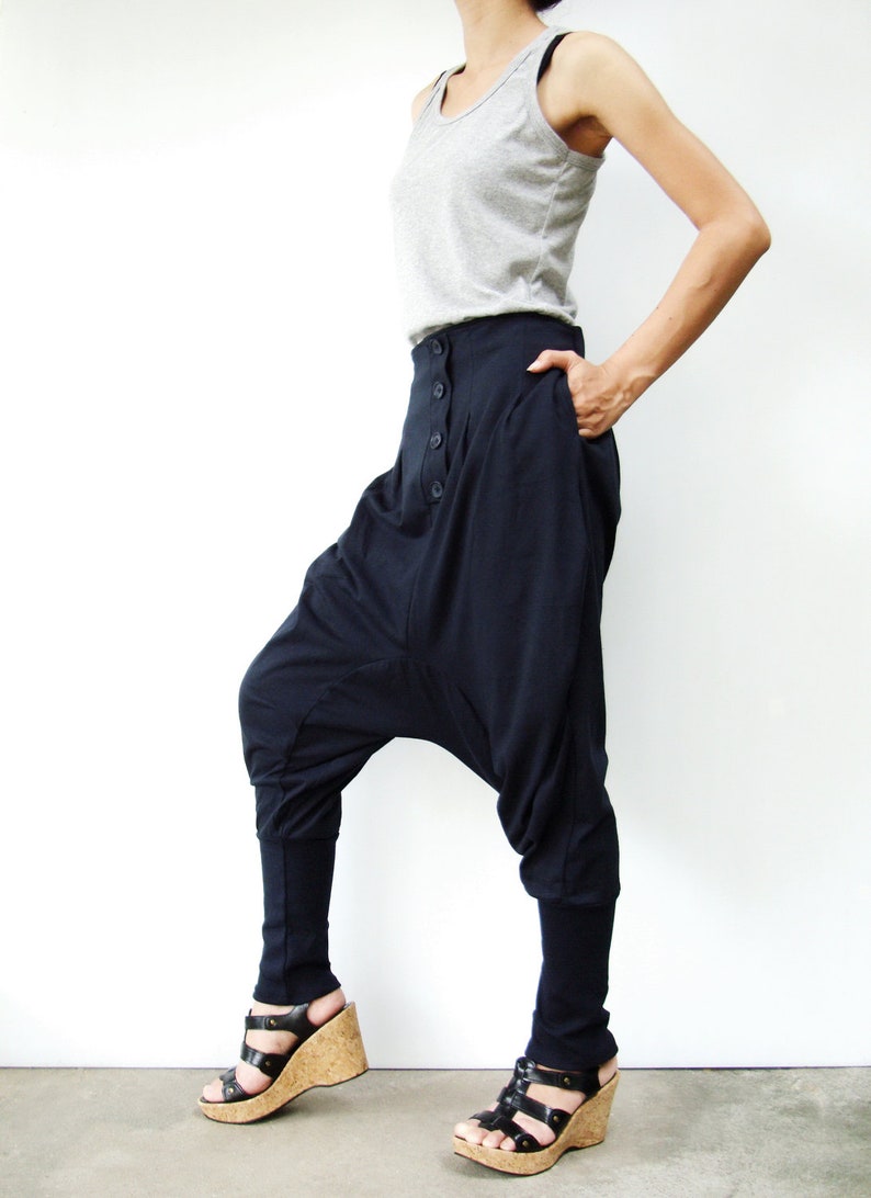 NO.64 Women's Button Front Detail Drop Crotch Harem Pants, Low Crotch Trousers, Casual Jogger Pants in Blue image 1