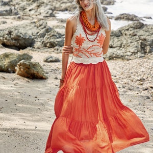 NO.5 Women's Hippie Gypsy Boho Tiered Peasant Long Maxi Skirt in Orange image 4