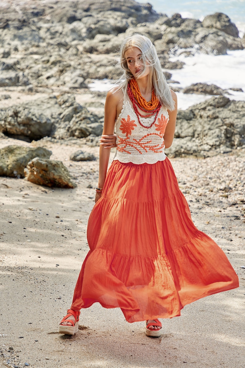 NO.5 Women's Hippie Gypsy Boho Tiered Peasant Long Maxi Skirt in Orange image 4