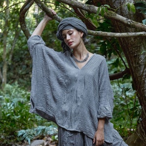 NO.276 Women's V Neck Kaftan Top, Loose Casual Summer Top, Natural Fiber Flexible Cotton Beachwear Caftan in Gray image 3