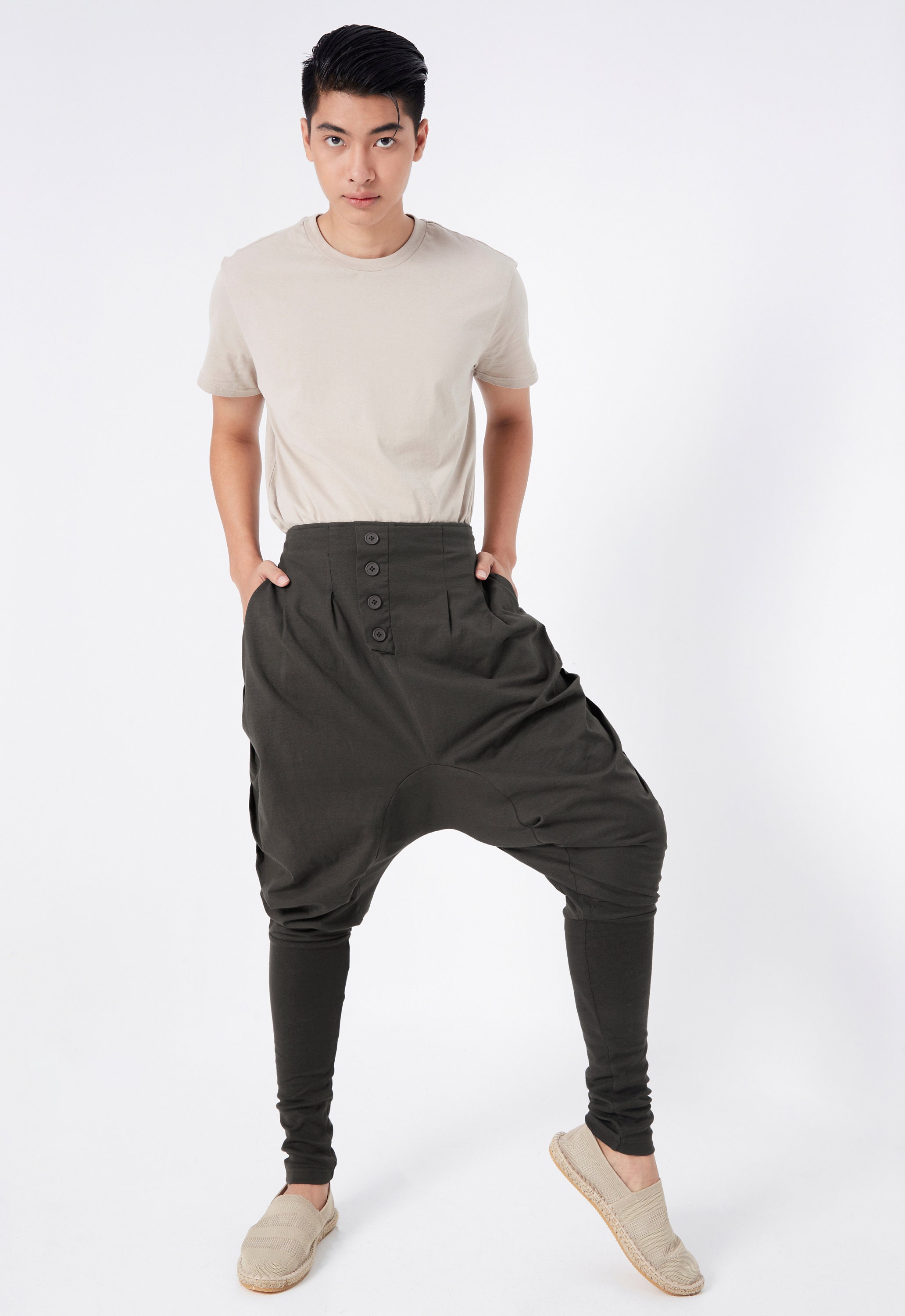 NO.64 Men's Button Front Detail Drop Crotch Harem Pants, Low