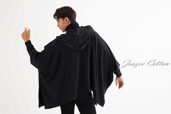 NO.163 Men s Button Front Hooded Poncho Comfy Versatile Cape in Black Etsy Australia