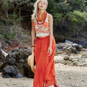 NO.5 Women's Hippie Gypsy Boho Tiered Peasant Long Maxi Skirt in Orange image 3