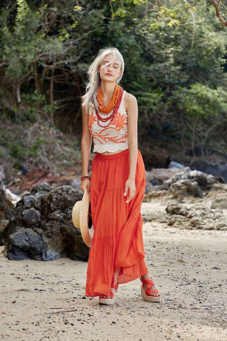 NO.5 Women's Hippie Gypsy Boho Tiered Peasant Long Maxi Skirt in Orange image 3