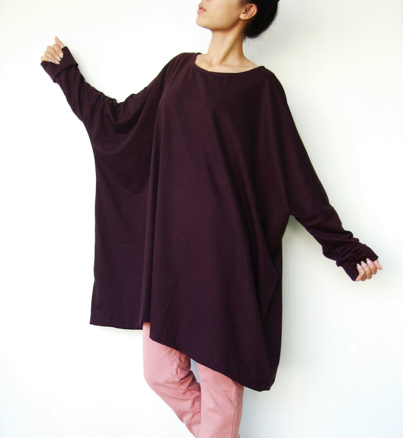 NO.62 Women's Scoop Neck Long Sleeve Tunic Top, Loose Fit Tshirt in Plum image 2