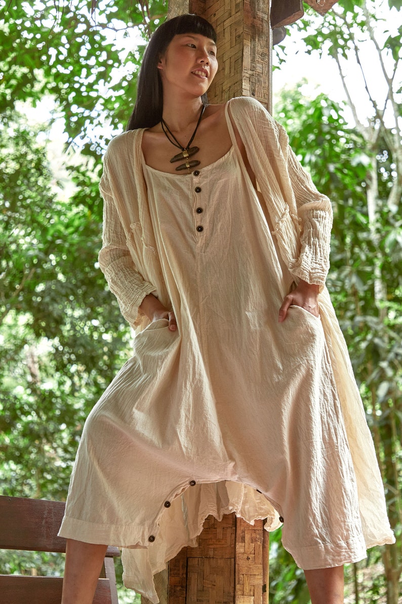 NO.251 Long Sleeve Wrap Dress, Casual Summer Dress, Natural Fiber Flexible Cotton Long Cardigan in Cream image 7