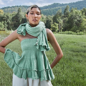 NO.141 Women's Scarves, Shawl With Buttons, Convertible Scarf, Natural Fiber Flexible Cotton Shawl in Mint image 8