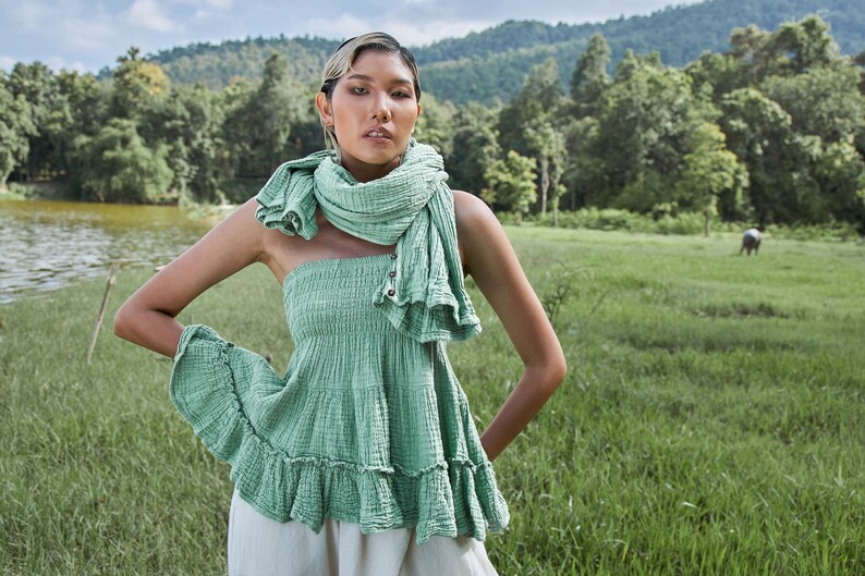 NO.141 Women's Scarves, Shawl With Buttons, Convertible Scarf, Natural Fiber Flexible Cotton Shawl in Mint image 8