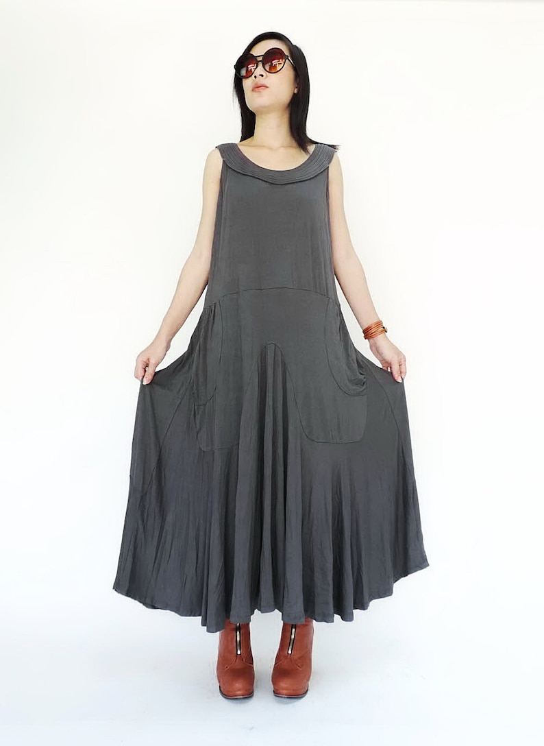 NO.129 Women's Softly Softly Sleeveless Maxi Dress, Sleeveless Swing Long Dress in Gray image 2