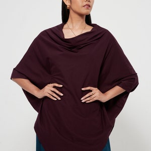 NO.63 Women's Cowl Neck Short Sleeve Top, Minimalist Clothing, Loose Asymmetrical Shirt in Plum image 5