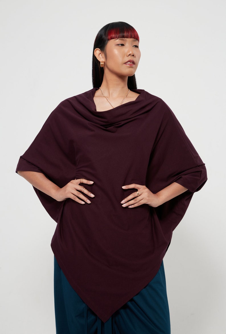 NO.63 Women's Cowl Neck Short Sleeve Top, Minimalist Clothing, Loose Asymmetrical Shirt in Plum image 5