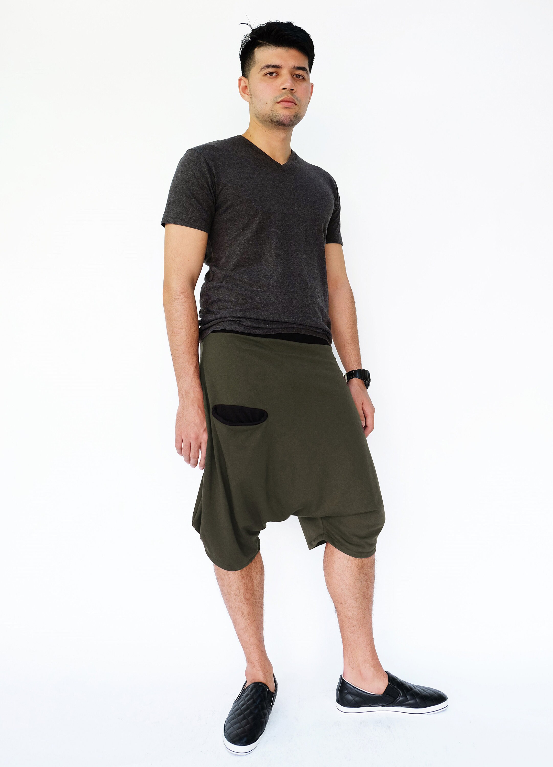 NO.232 Men's Two Tone Low Crotch Harem Shorts, Loose Casual Unisex