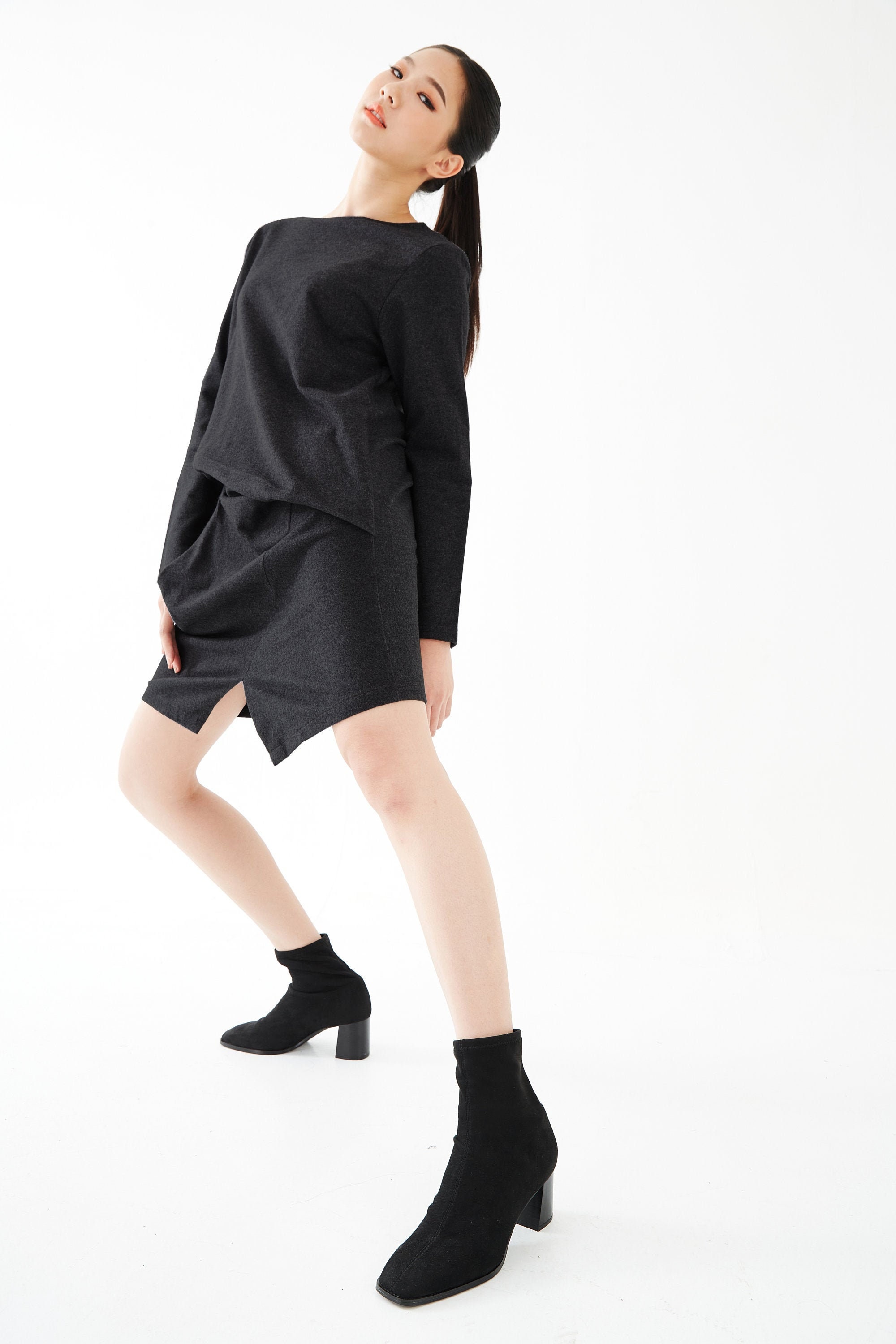 NO.284 Women's Boat Neck Long Sleeve Front Pocket Dress, Casual Front Slit Dress in Black