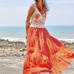 NO.5 Women's Hippie Gypsy Boho Tiered Peasant Long Maxi Skirt in Orange image 6