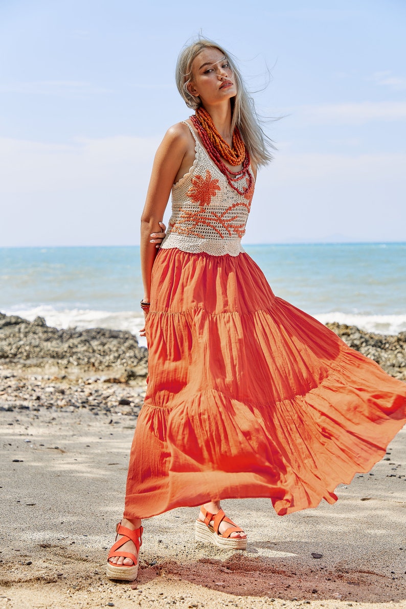 NO.5 Women's Hippie Gypsy Boho Tiered Peasant Long Maxi Skirt in Orange image 6