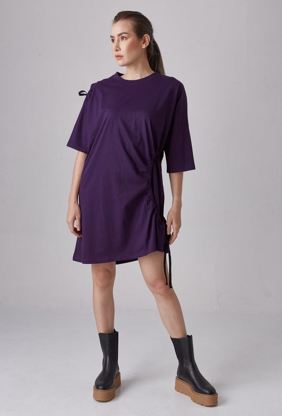 purple oversized t shirt dress NO.257 Women's Crew Neck Short Sleeve Ruched Circle Dress, T-Shirt Dress in Purple