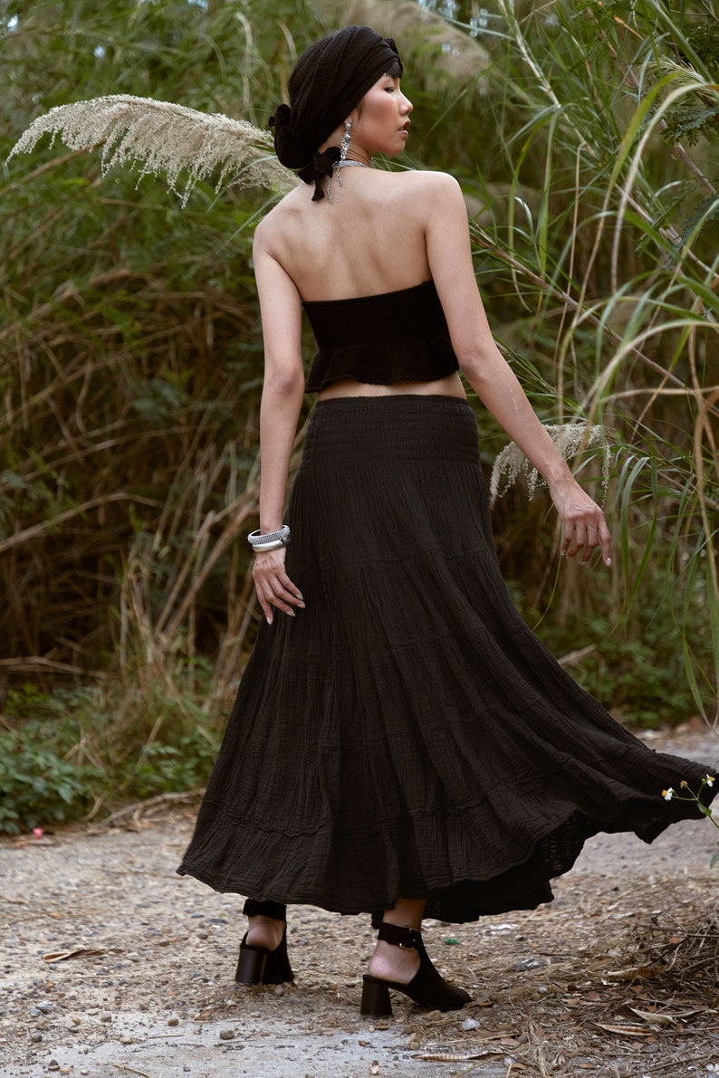 NO.305 Women's Smocked Waist Maxi Skirt, Tiered Peasant Maxi Skirt, Natural Fiber Flexible Cotton Boho Skirt in Black image 10