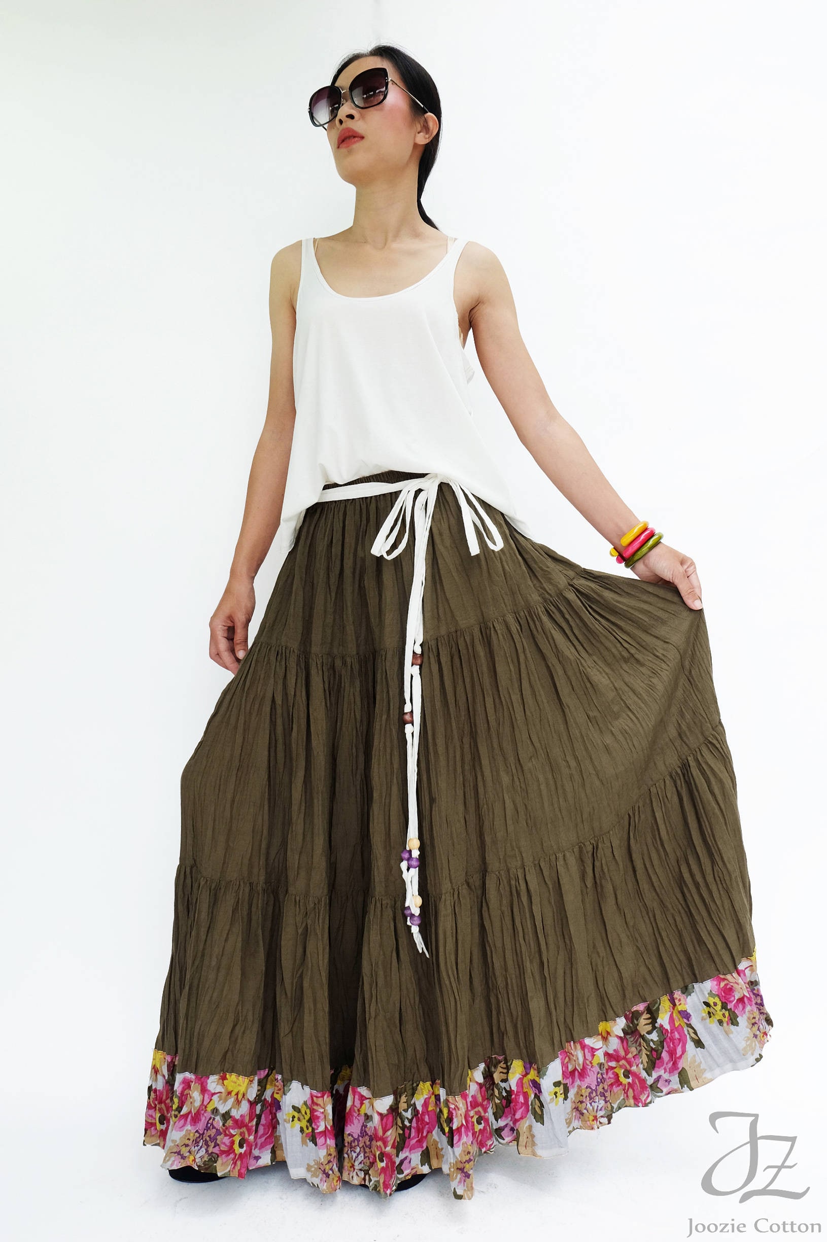 NO.25 Women s Floral Hem Hippie Gypsy Boho Tiered Long Peasant Maxi Skirt in Olive Etsy