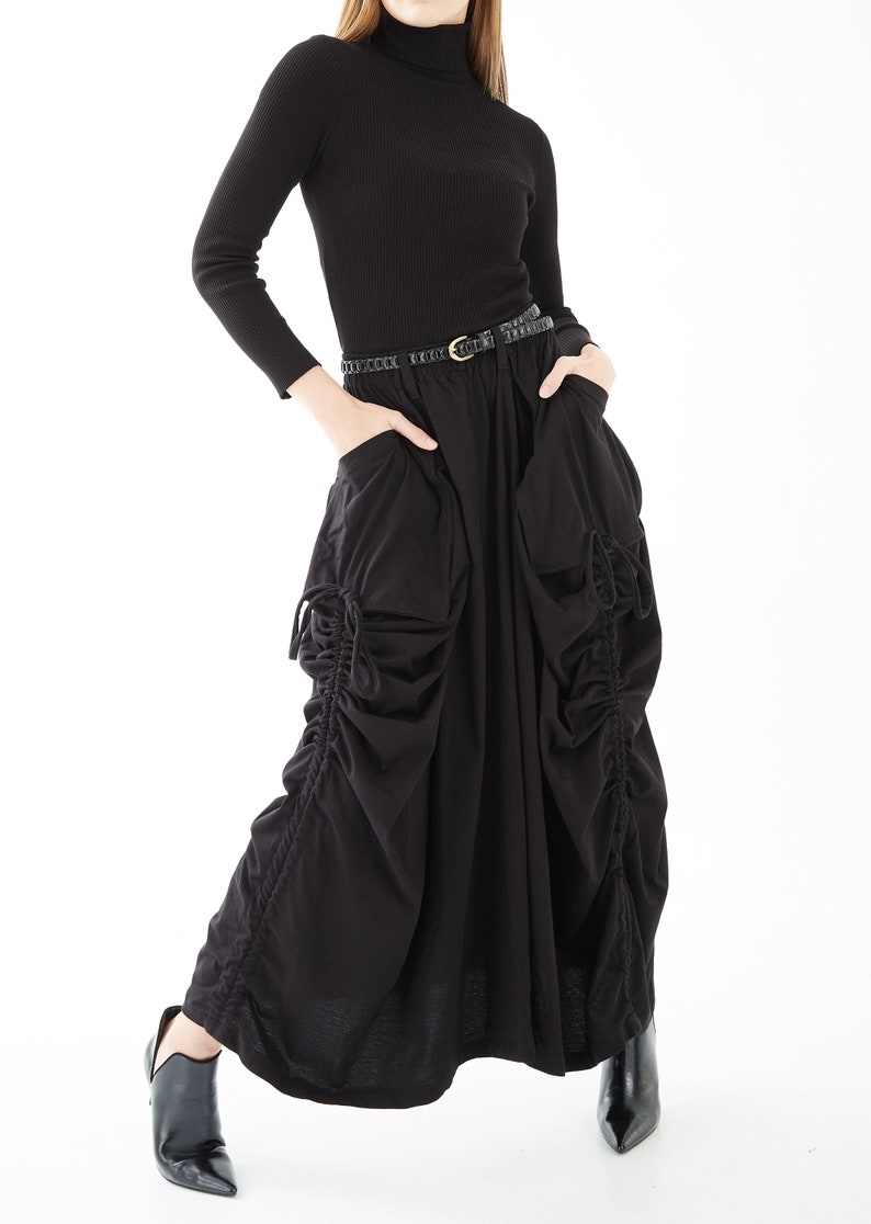 NO.123 Women's Large Patch Pocket Maxi Skirt, Long Maxi Skirt With Pockets, Comfy Casual Convertible Skirt in Black image 8