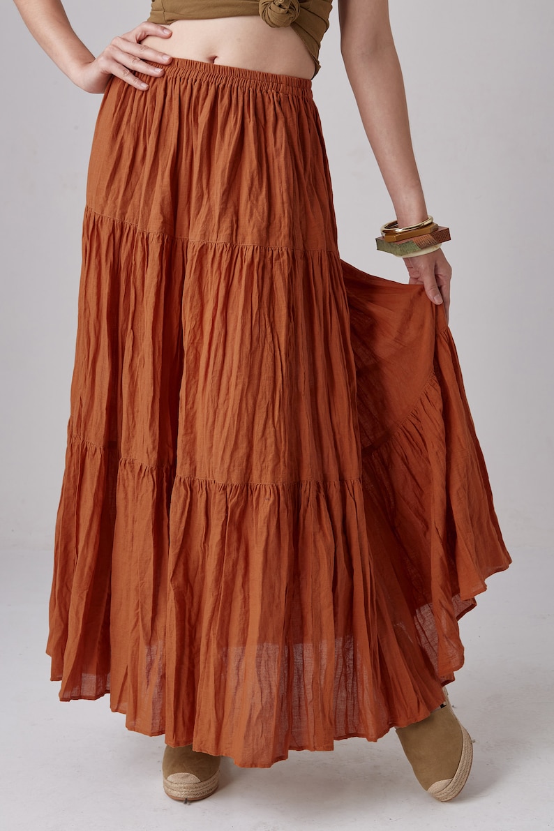 NO.5 Women's Hippie Gypsy Boho Tiered Peasant Long Maxi Skirt in Orange Ochre image 5