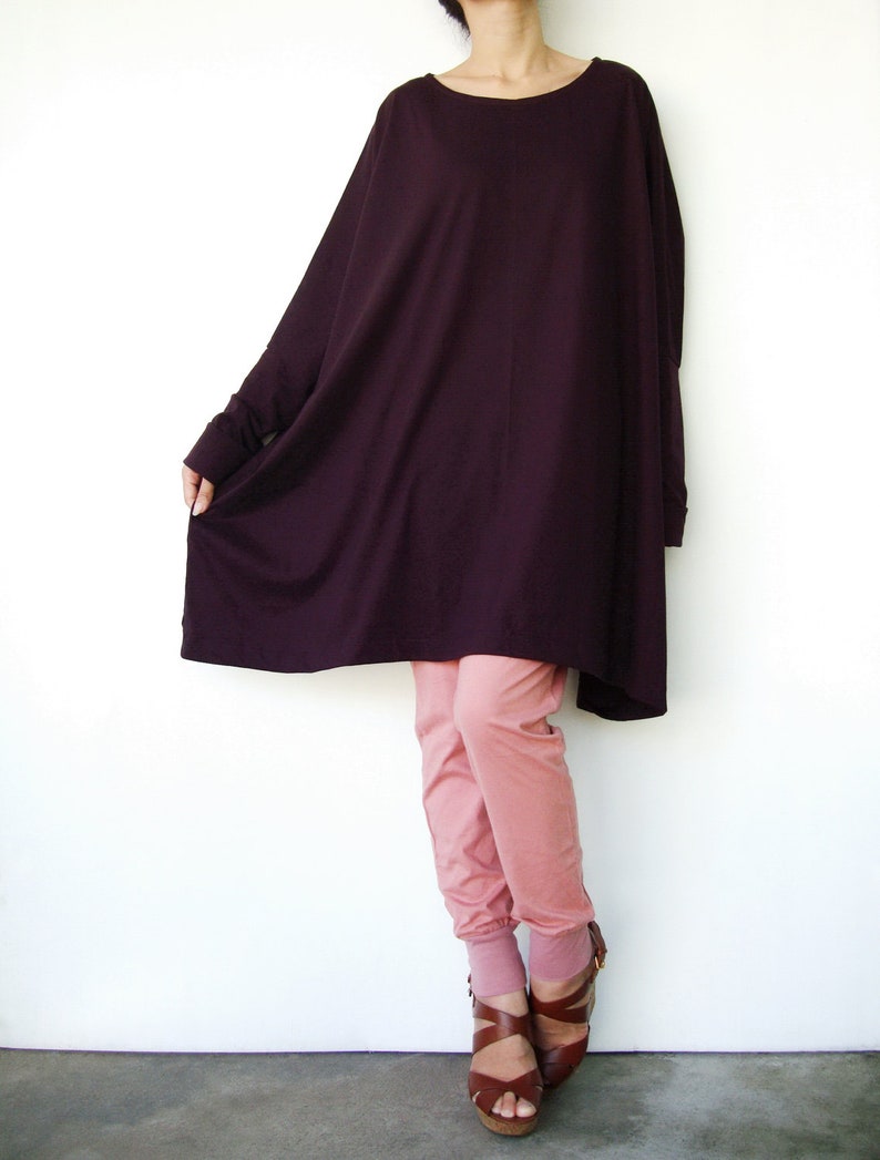 NO.62 Women's Scoop Neck Long Sleeve Tunic Top, Loose Fit Tshirt in Plum image 1