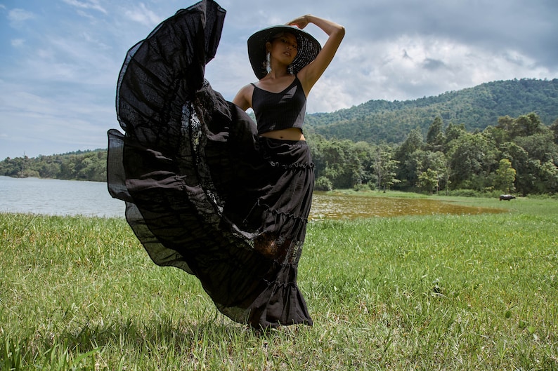 NEWNO.317 Women's Tiered Lace Insert Maxi Skirt, Boho Peasant Long Skirt, Cotton Maxi Skirt in Black image 3