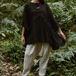 NO.295 Women's Ruffle Trimmed Kaftan Top, Beach Wear Cotton Cover-Up Caftan in Black image 2