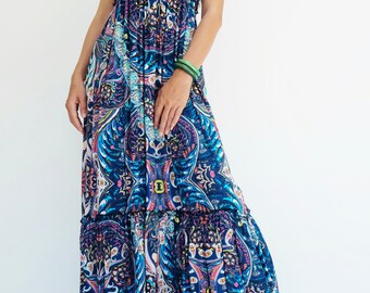 NO.219 Women's Floral Print Strapless Peasant Maxi Dress, Resort Dress, Tiered Maxi Dress in Blue