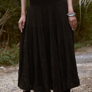 NO.305 Women's Smocked Waist Maxi Skirt, Tiered Peasant Maxi Skirt, Natural Fiber Flexible Cotton Boho Skirt in Black image 3