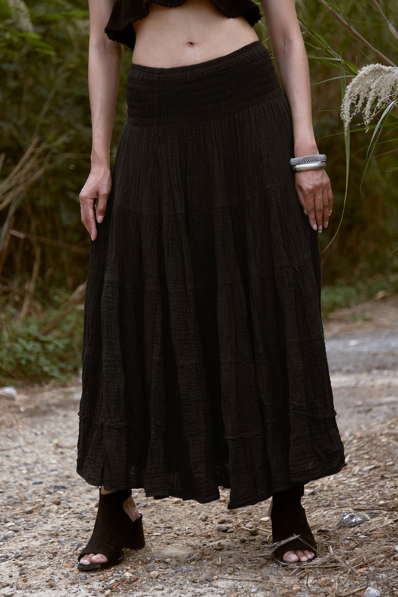 NO.305 Women's Smocked Waist Maxi Skirt, Tiered Peasant Maxi Skirt, Natural Fiber Flexible Cotton Boho Skirt in Black image 3