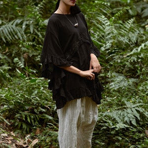 NO.295 Women's Ruffle Trimmed Kaftan Top, Beach Wear Cotton Cover-Up Caftan in Black image 4