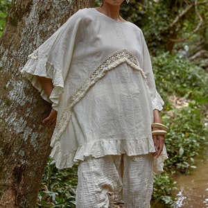 NO.295 Women's Ruffle Trimmed Kaftan Top, Beach Wear Cotton Cover-Up Caftan in Cream image 7