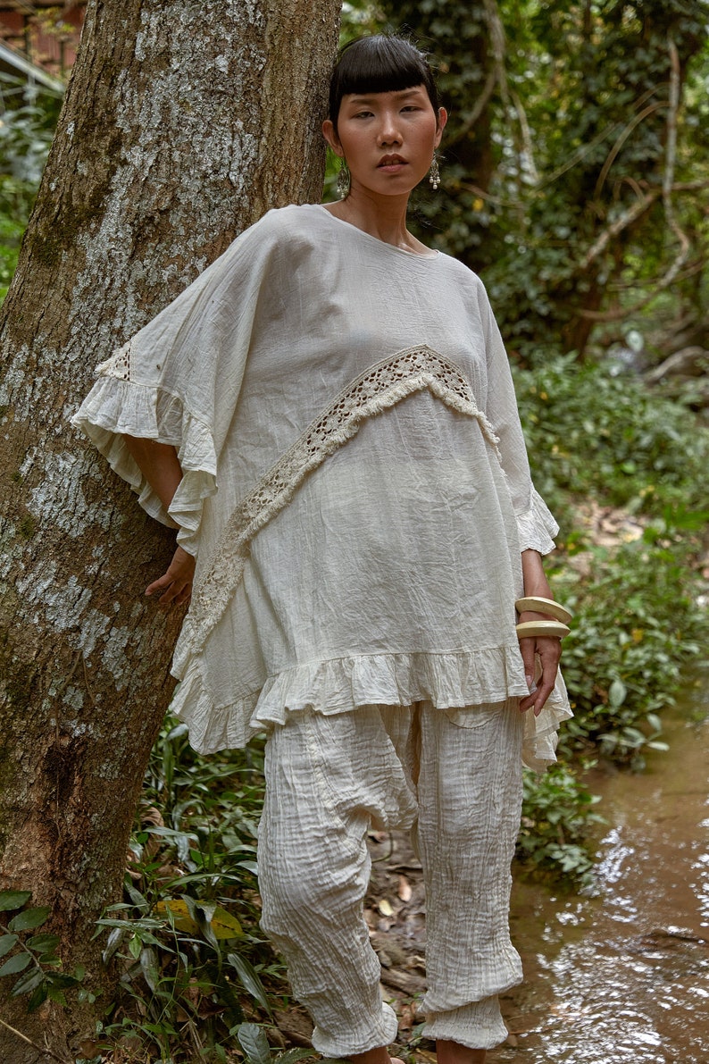 NO.295 Women's Ruffle Trimmed Kaftan Top, Beach Wear Cotton Cover-Up Caftan in Cream image 7