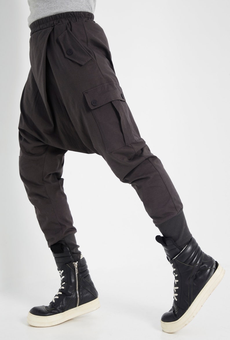 NEWNO.315 Mens Cross Front Drop Crotch Pants, Button Flap Pants, Harem Trouser with Pockets, Unisex Urban Joggers in Charcoal image 7